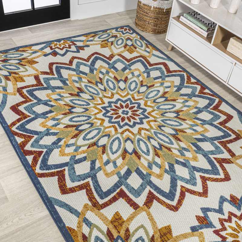 Flora Abstract Bold Mandala High-Low Red/Blue/Yellow Indoor/Outdoor Rug, Rectangle 5'3" x 7'7"