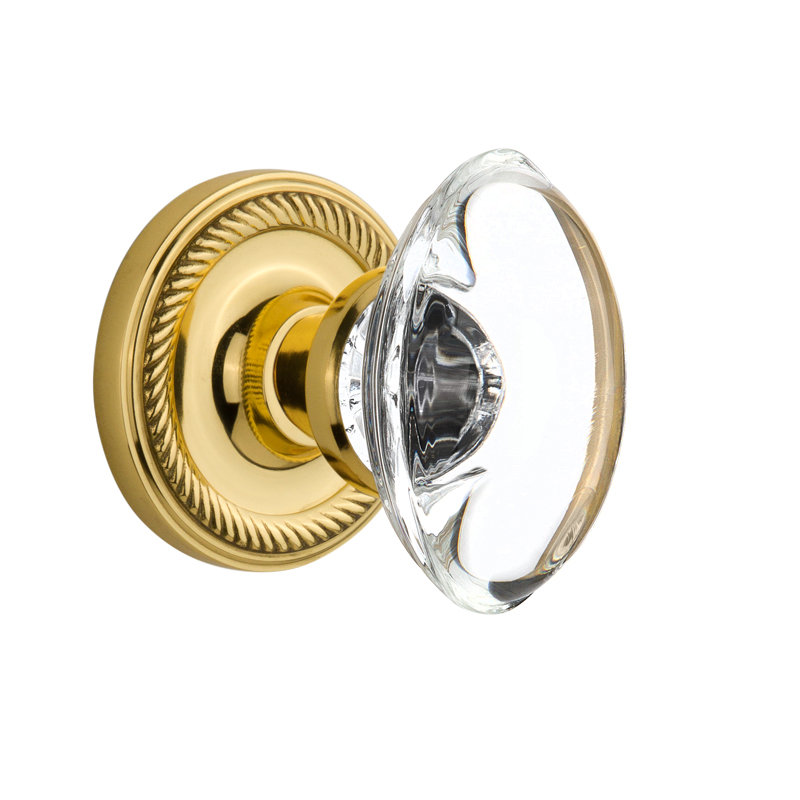 Rope Rosette with Oval Clear Crystal Door Knob, Polished Brass