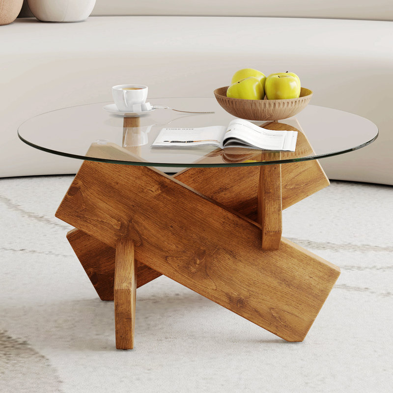 Coffee Table With Glass Top, Natural Wood