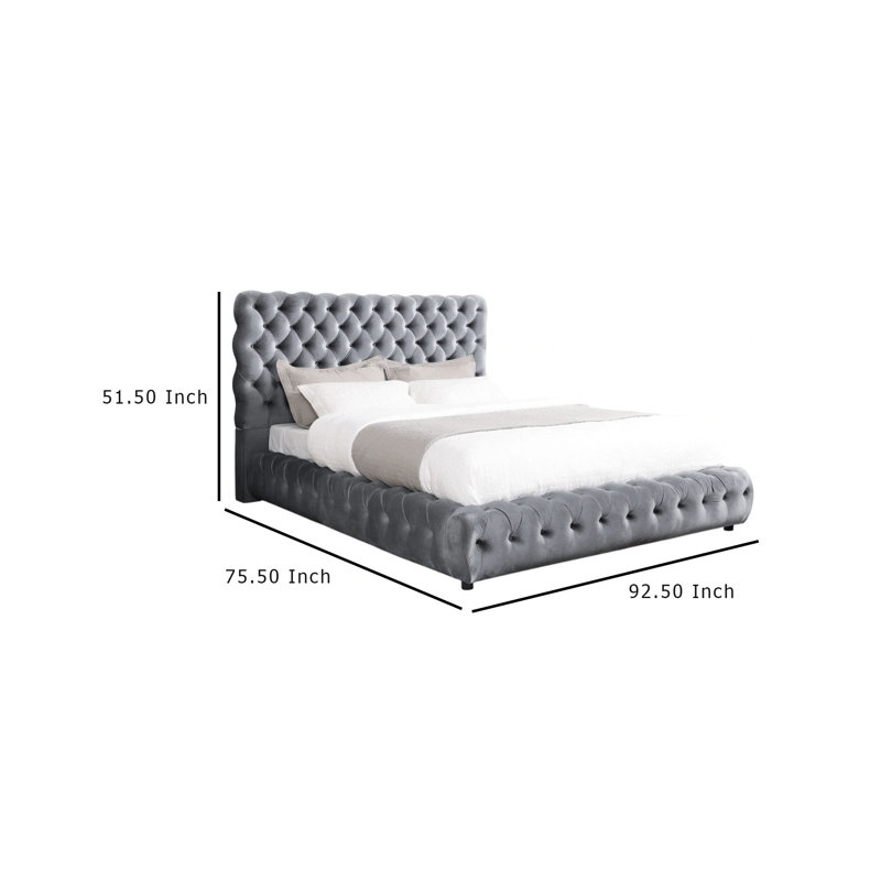 Goy Bed, Low Profile, Button Tufted,  Velvet Upholstery, Gray, Queen
