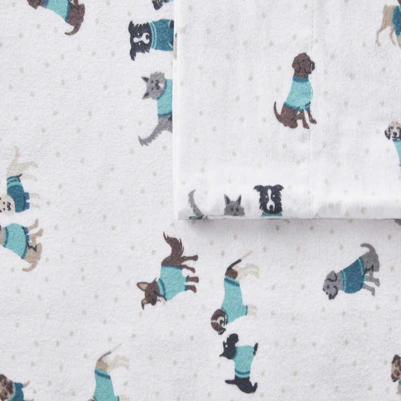 Ensemble de draps 100% flanelle de coton Cozy, Ensemble de draps pour lit simple avec drap-housse, Chiens bleu sarcelle