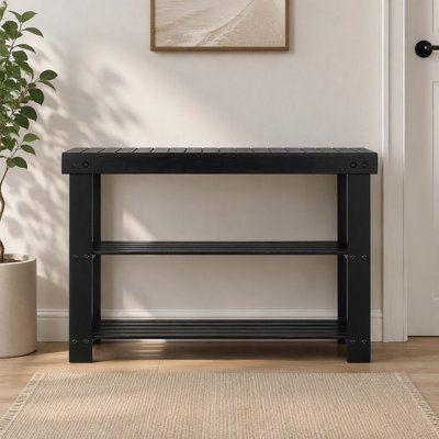 Banc à chaussures en bambou à 3 niveaux, rangement pour chaussures d'entrée, 70 x 29 x 45 cm, supporte jusqu'à 130 kg, noir, idéal pour porte d'entrée, couloir ou chambre.
