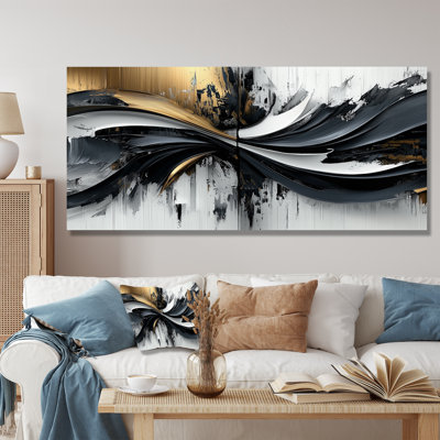 Goldern Black Shifting Ink Waters II - Modern Metal Art Print, Modern Transitional Metal Wall Decor