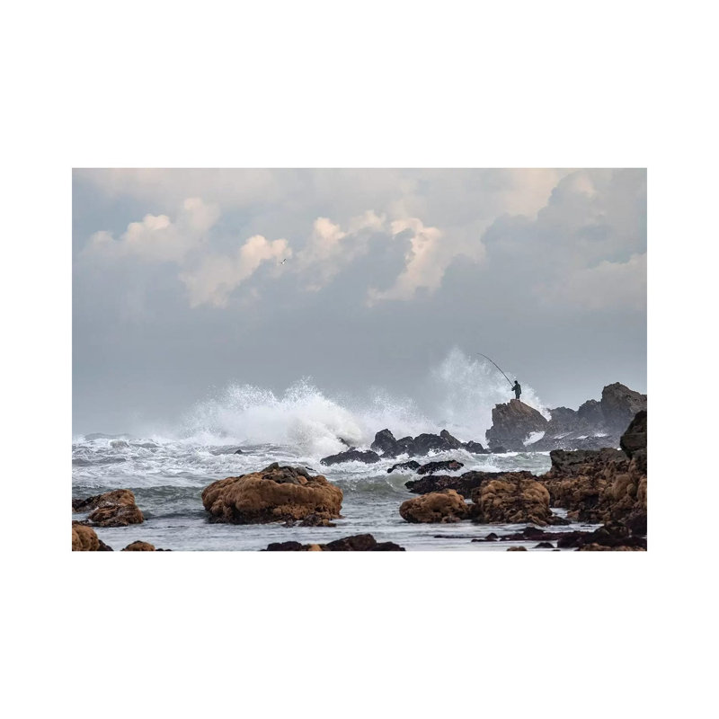Africa, Morocco, Casablanca. Man Fishing Amid Ocean Waves. 1 Piece Wrapped Canvas Wall Art, 30.48cm H x 45.72cm W x 1.905cm D