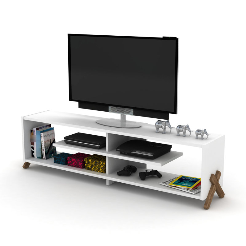 57 Inch Low Tv Stand, Mid Century Modern, 4 Shelves Open Storage, Entertainment Centre With Walnut Legs Unit, Modern Centre, Wood Stand