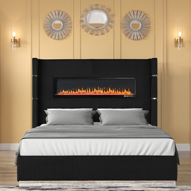 Ashray Upholstered Wingback Bed, Black, Queen
