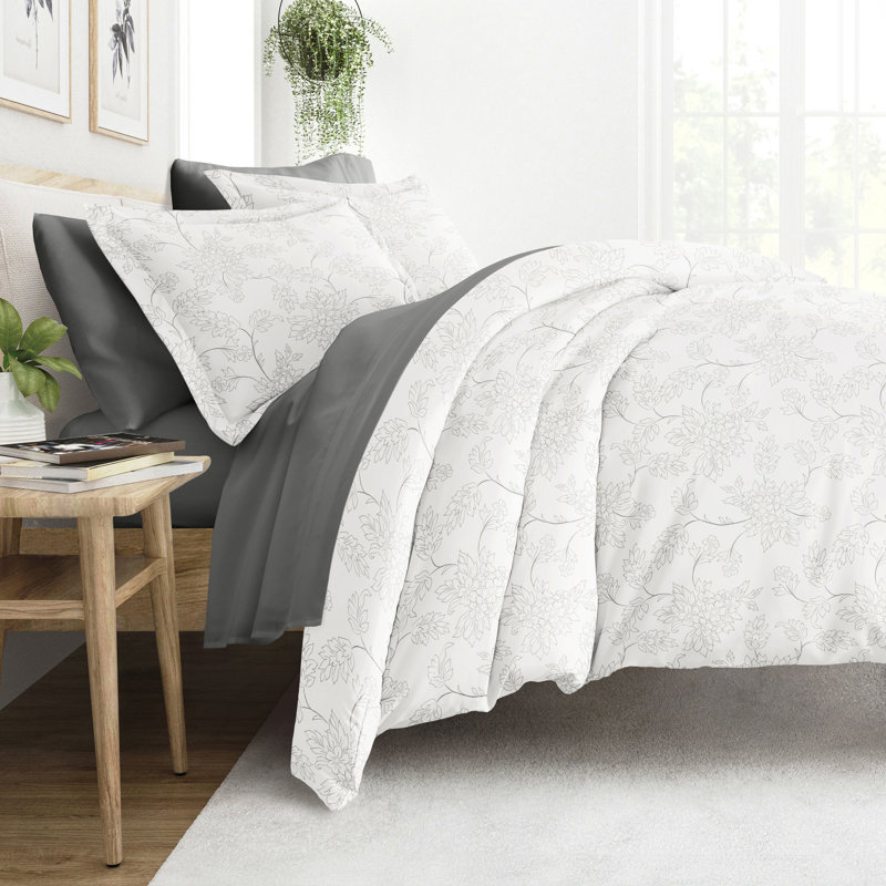 8-Piece Reversible Bedding Bundle - Patterned Duvet Cover, Comforter Insert and Solid Sheet Set, Gray Floral