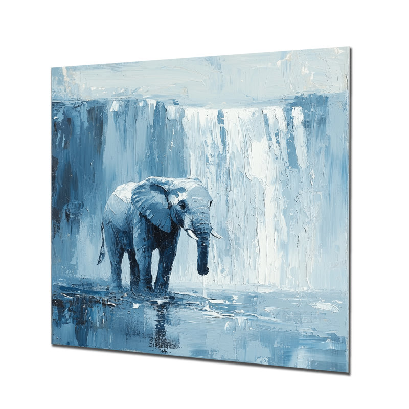 Éléphant monochrome et la chute d'eau II - Éléphant, H 16 po x l 16 po