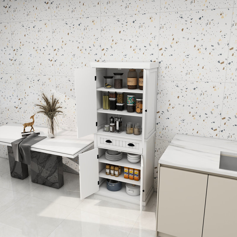 Unité de rangement de salon 71 "- blanc. 4 portes, tiroir, 2 tablettes réglables. Peut contenir divers articles, des objets de garde-manger enduits. Look moderne, revêtement, structure stable, assemblage sans effort