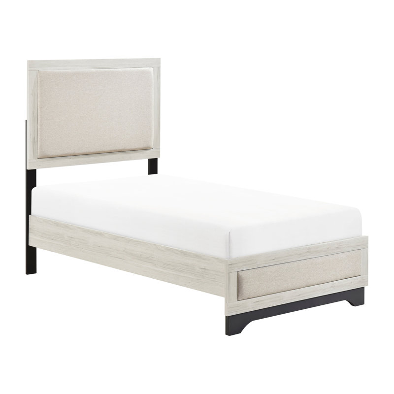 Lit plateforme simple de conception contemporaine avec des composants revêtus de tissu d'ameublement recouvert de tissu à deux tons en chêne blanc et gris pour chambre à coucher