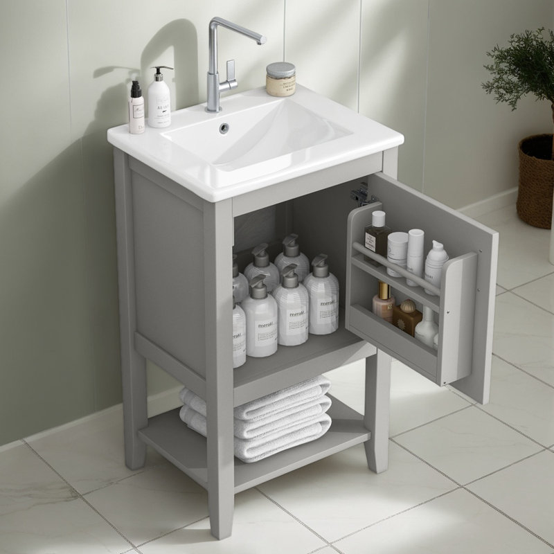 Meuble-lavabo de 20 po avec lavabo, armoire de salle de bain avec 1 porte et 1 tablette ouverte, porte à fermeture douce, support de rangement