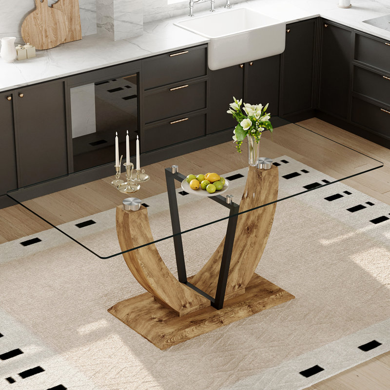 71'' Glass Dining Table,With U-Shaped Wood Base & Metal Frame,Seats 6-8 Comfortably, Brown
