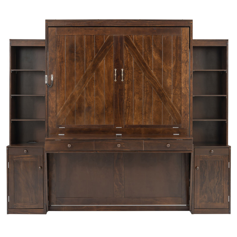 Grand lit escamotable avec bureau et rangement, Marron foncé