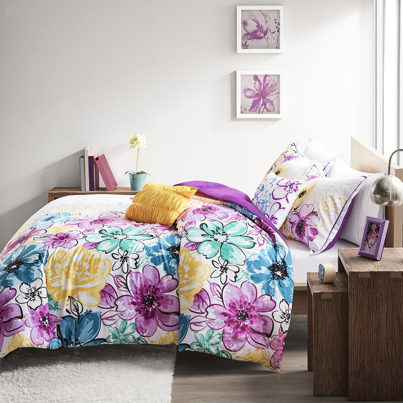 Édredon bleu doux, double / grand, feuilles asymétriques à motif floral