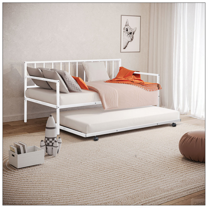 Lit de jour simple en métal avec lit gigogne 1 pièce, White