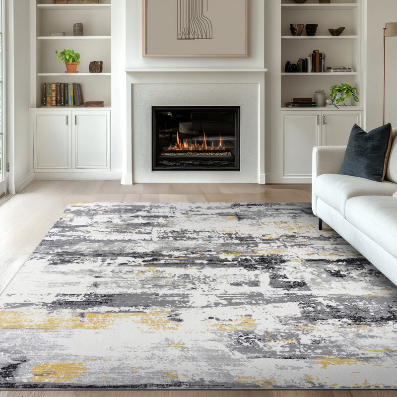 Moises Abstract Yellow Gray Black Area Rug, Rectangle 5' x 8'