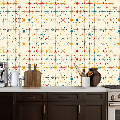 Papier peint adhésif peler et coller en PVC, revêtement mural auto-adhésif amovible avec impression de cercles colorés rétro et atomiques de style Mid-Century rétro, imperméable pour la décoration intérieure - Rouleau