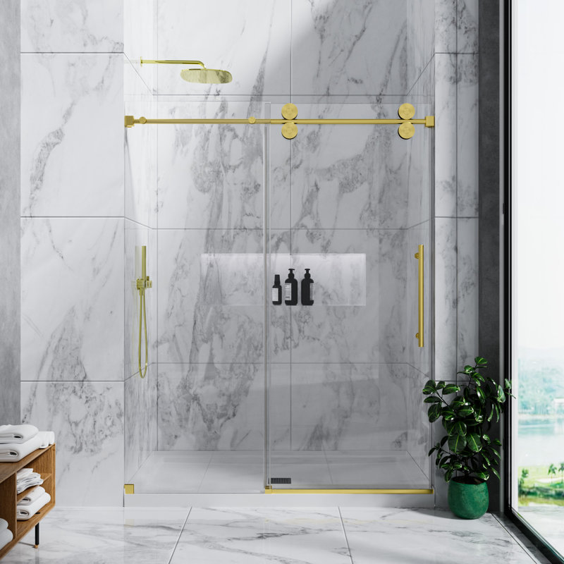 60 In. W X 72 In. H Single Sliding Frameless Shower Door With SGCC 5/16 In. Clear Glass, Brushed Gold
