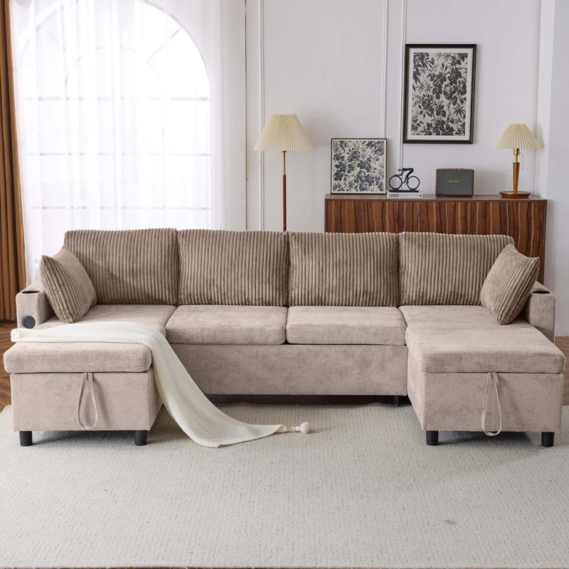 Canapé-lit modulaire de 113,4 po avec canapé-lit polyvalent avec grand espace de rangement, deux ports USB et deux porte-gobelets pour le salon