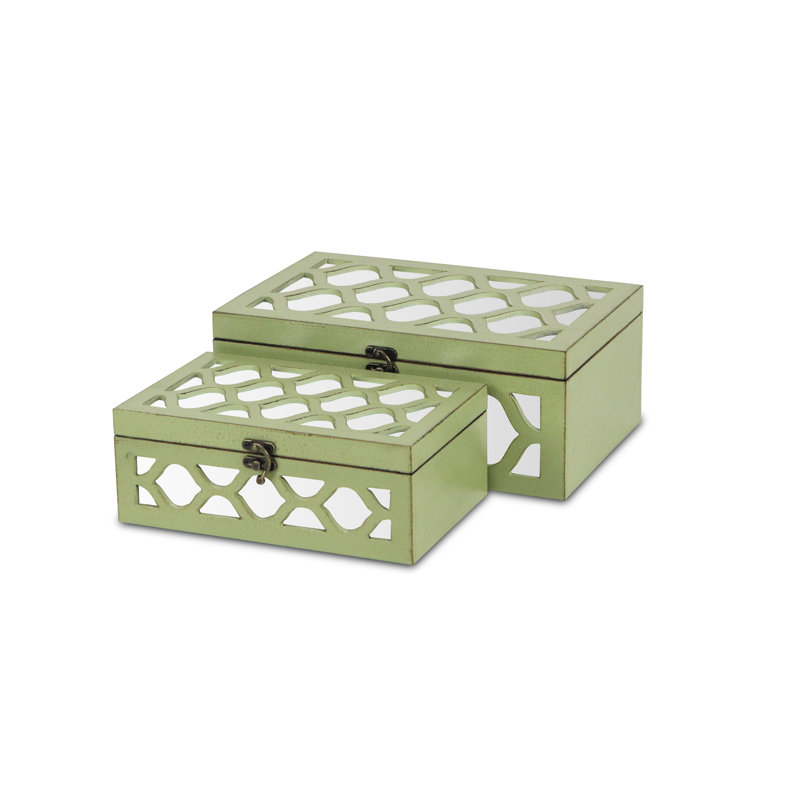 Eziah Fir Wood Mirrored Decorative Boxes (Set of 2), Green
