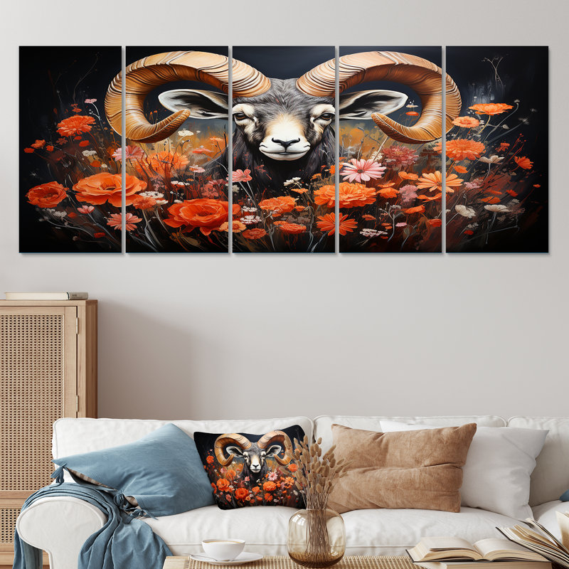 «Colorful Colorful Goat Portrait II - Chèvre», art mural 5 pièces, H 32 po x l 80 po