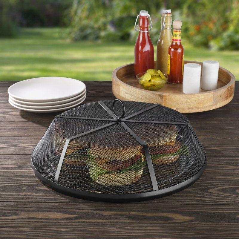 Handcrafted Mango Wood and Black Iron Mesh Lazy Susan, 14 Inches