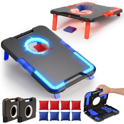 Ensemble de jeu de cornhole à DEL avec 8 fauteuils à billes, ensemble de jeu de pelouse pliable portable pour l'extérieur et l'intérieur, anneaux et bordures à DEL Night Glow pour la cour, le camping, la plage, le hayon, les fêtes