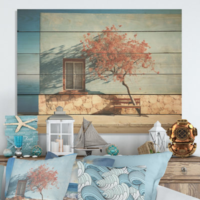 Modern Blue Coastal Horizon Photography - Coastal Light House Wood Wall Art On Natural Pine Wood