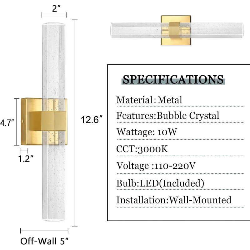 Modern Crystal Wall Sconces With Bubble Led Bathroom Light Fixture（2 Pack）, Gold