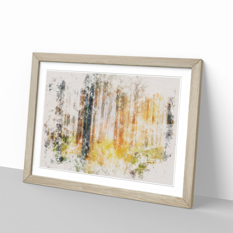 Rays of Light Through an Autumn Forest Watercolour - Picture Frame Graphic Art Print, Oak Framed, 36cm H x 48cm W x 2cm D