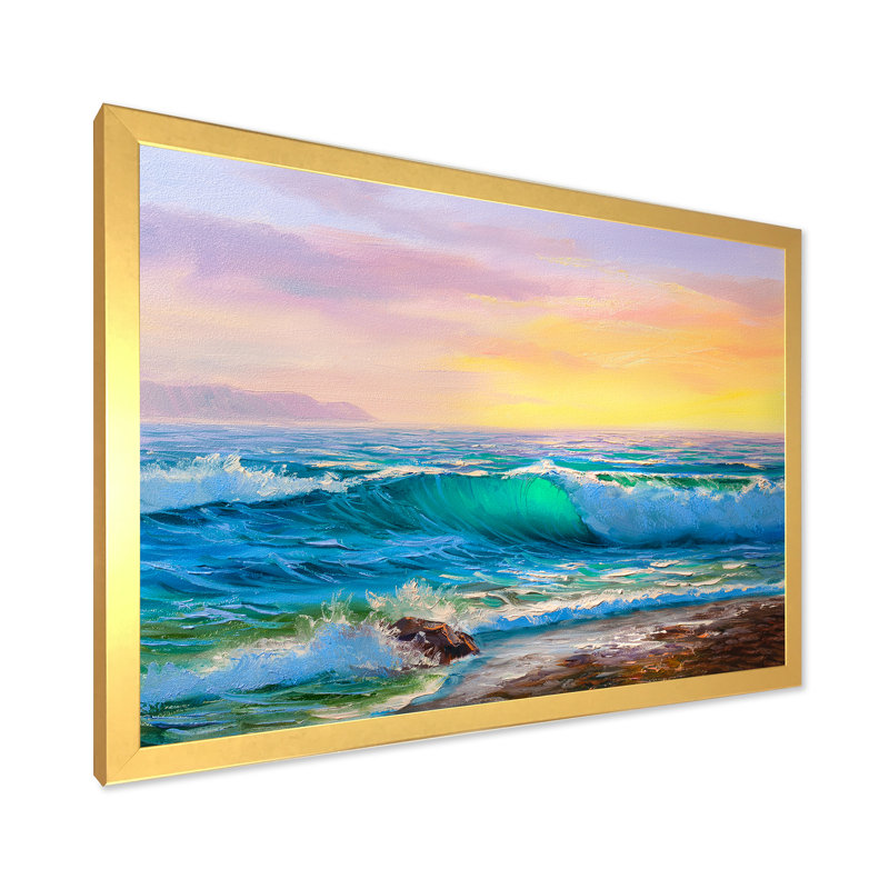 «Blue Waves Breaking At The Beach IV», peinture sur toile, H 24 po x l 32 po x P 1 po, Cadre doré