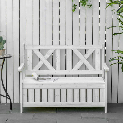 Patio Wooden Bench With Storage Box, Gallon Outdoor Storage Bench, Large Entryway Deck Box W/ Unique X-Shape Back, For Deck, Porch & Balcony