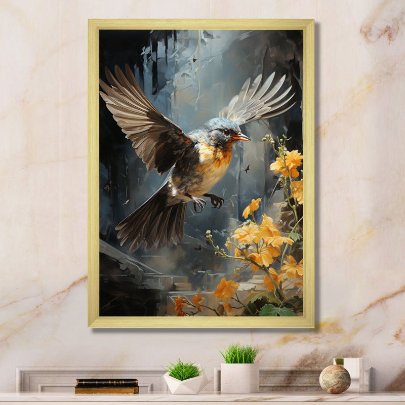 Oiseau, vol à travers les ombres - animaux, art mural sur toile, H 44 po x l 34 po x P 1,5 po, Encadrement doré
