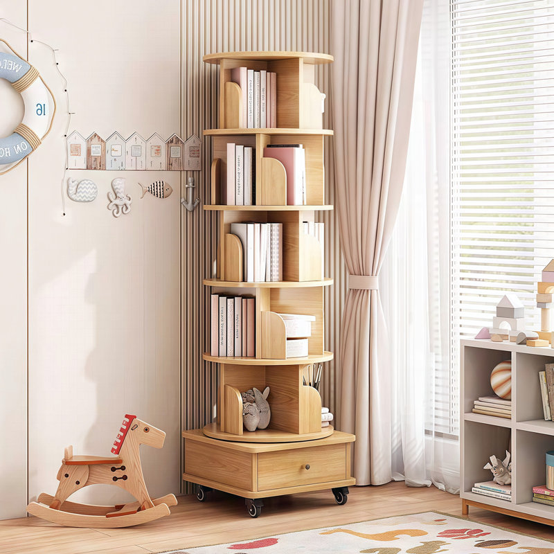 Bibliothèque rotative à 6 niveaux avec roulettes, tiroir, couleur bois, idéale pour l'espace de vie principal