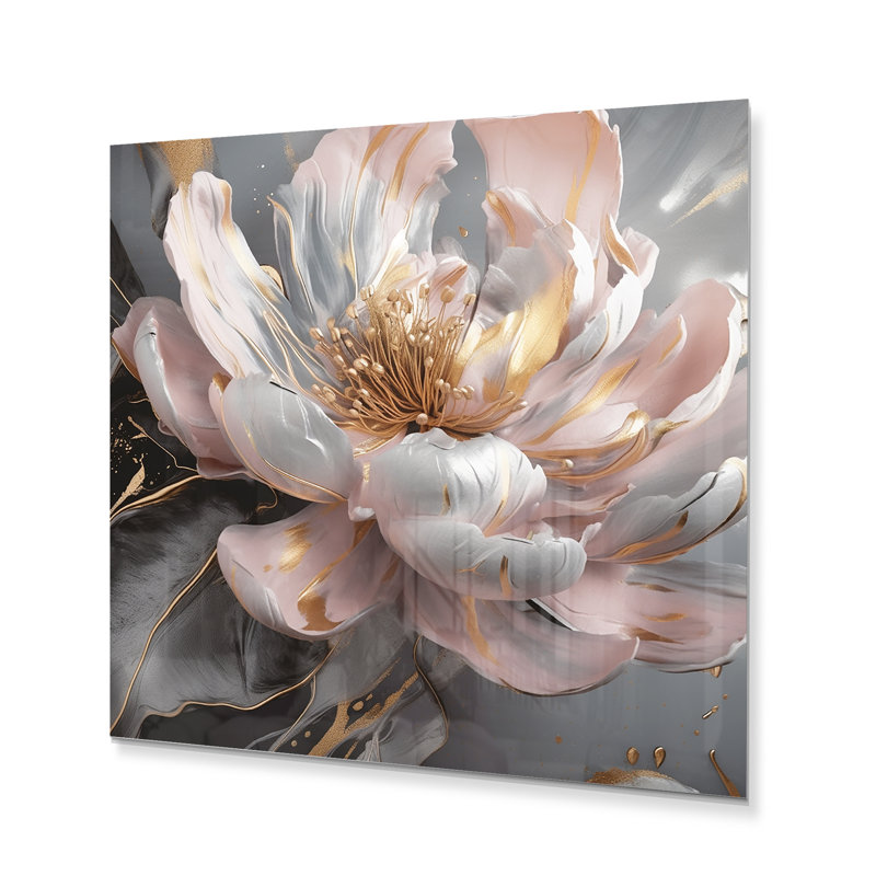 Marbre rose doré pivoine fleur III - impression sans cadre sur métal, H 16 po x l 16 po x P 1 po