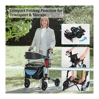 Déambulateur léger pliable pour personnes âgées - Déambulateur roulant tout-terrain en aluminium avec roues de 8 pouces, siège et dossier confortables, poignées à hauteur réglable, bleu