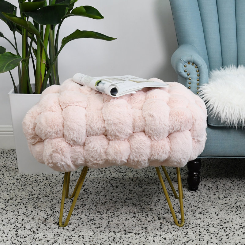 Deya Upholstered Ottoman, Peach Pink Faux Fur