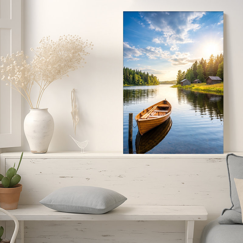 Toile en bois sur le lac calme près de la forêt, art mural, H 30 po x l 20 po