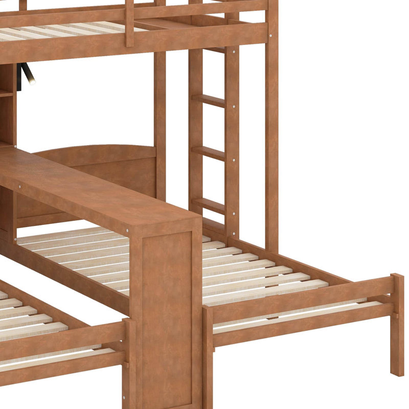 Lit superposé avec bureau intégré et tablettes de rangement, 3 lits superposés 3 en 1 avec lampe de lecture et garde-corps
