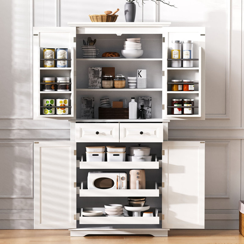 Grand garde-manger de style campagnard avec 3 organisateurs coulissants, 6 tablettes de porte et 2 tiroirs pour un rangement et une organisation efficaces