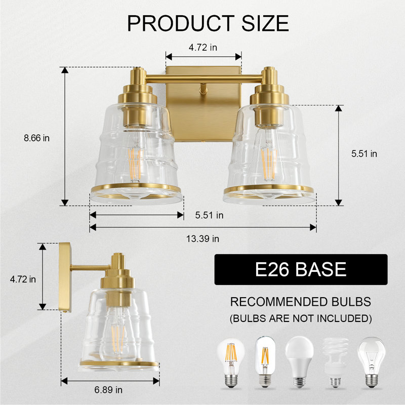 Éclairage de salle de bain à intensité variable pour salle de bain (disponible en quatre tailles), Doré, Clair, 2 lumières