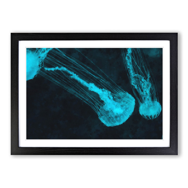 Neon Blue Jellyfish - Picture Frame Graphic Art Print, 24cm H x 33cm W x 2cm D, Black Framed