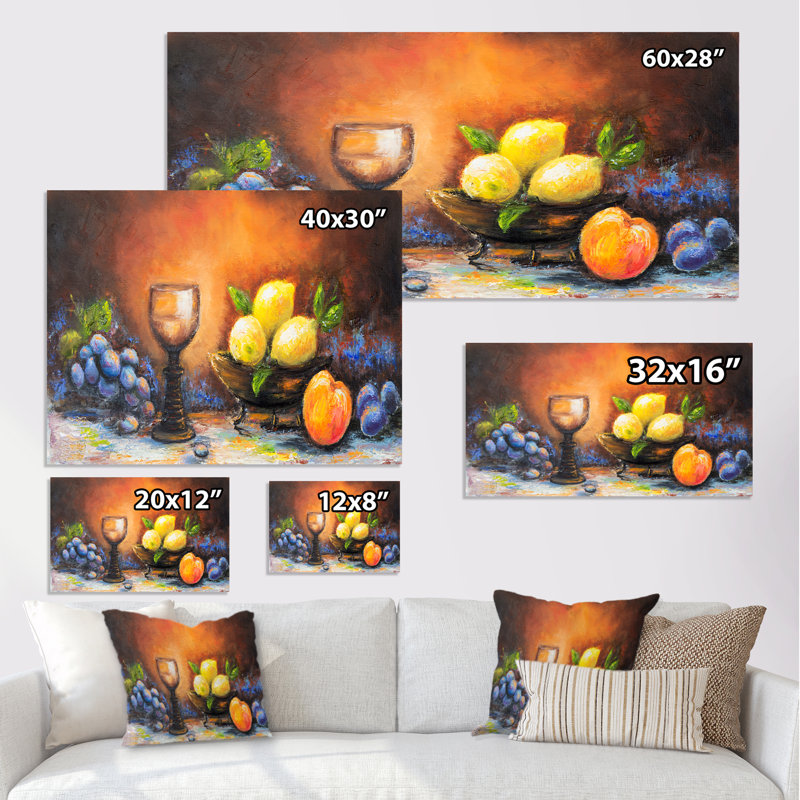 Nature morte, vin et fruit - Peinture sur toile, H 28 po x l 60 po x P 1,5 po, Toile tendue