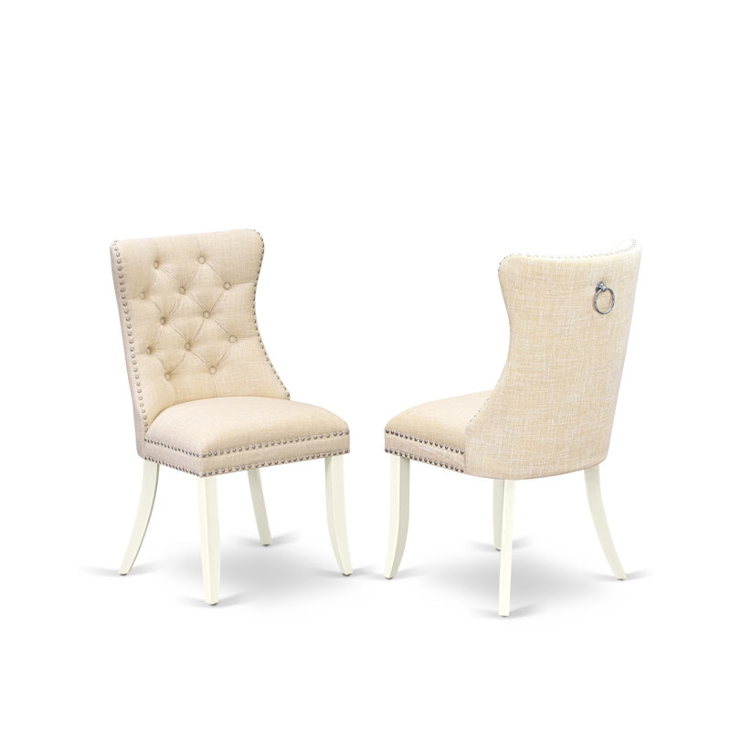 Dallas Parson Chairs - Button Tufted Nailhead Trim Light Beige Polyester Fabric Padded Dining Chairs, Set of 2, Wirebrushed Bright Linen white