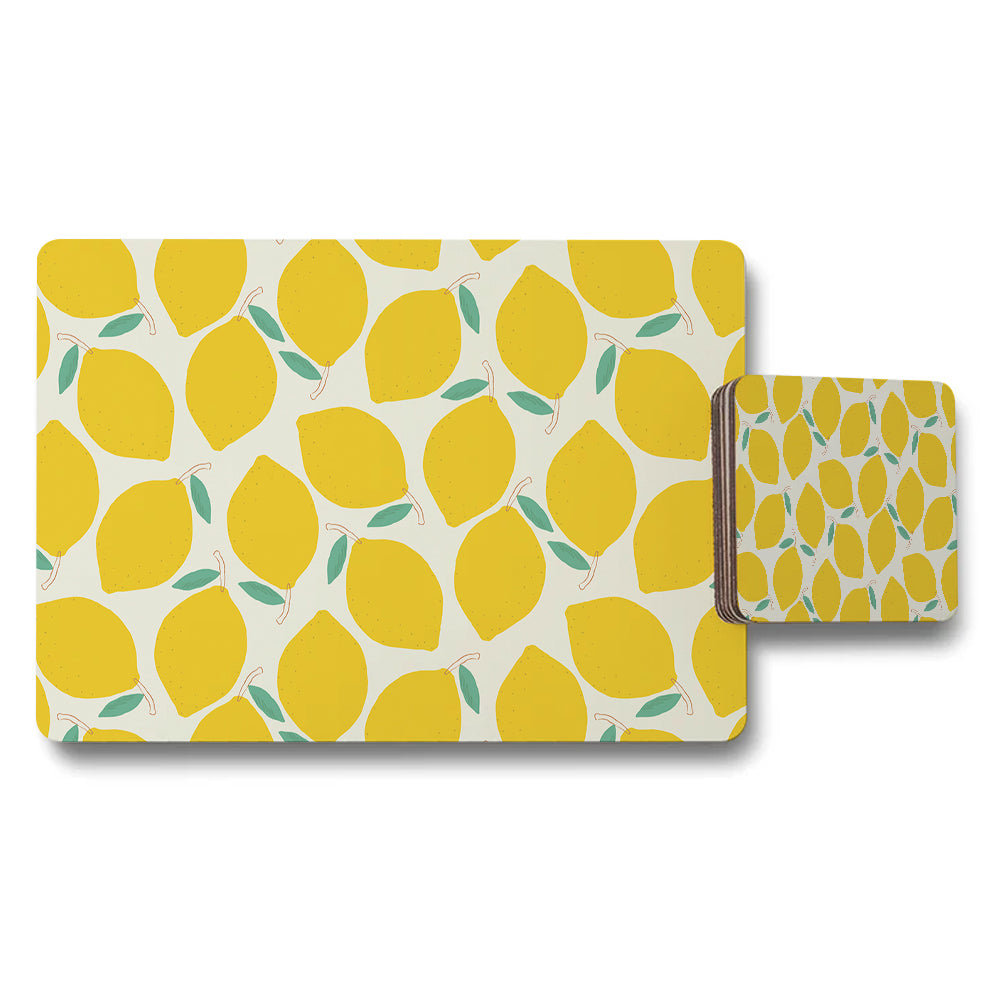 Lemon Pattern Placemat And Coaster Set With Citrus Design