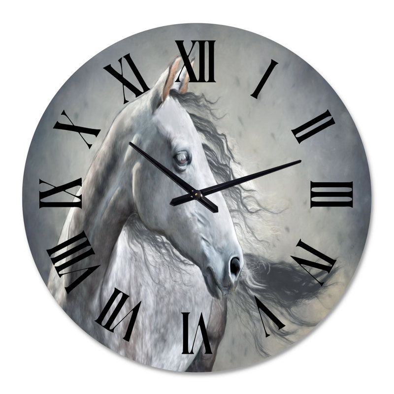 Portrait monochrome d'un cheval sauvage - horloge murale de ferme, Surdimensionné