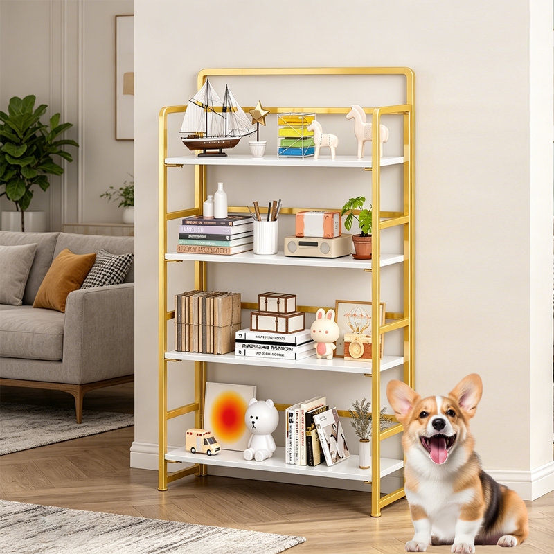 Très grande bibliothèque pliante, étagère de rangement à 4 niveaux pour bureau à domicile, sans assemblage, Blanc / Doré