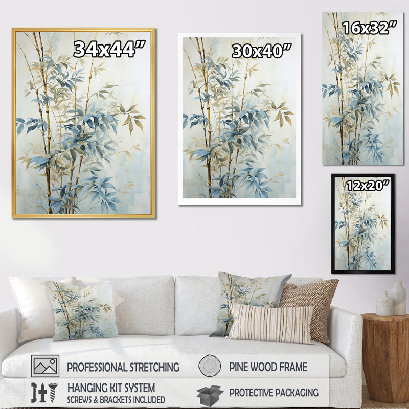 «Blue and Golden Minimalisme Bamboo», reproduction d'art sur toile_106599, H 32 po x l 16 po x P 1 po, Cadre naturel flottant