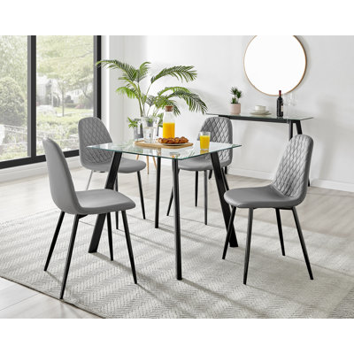Scandinavian Style Glass and Metal Leg Square Dining Table Set - 4 Modern Faux Leather Dining Chairs