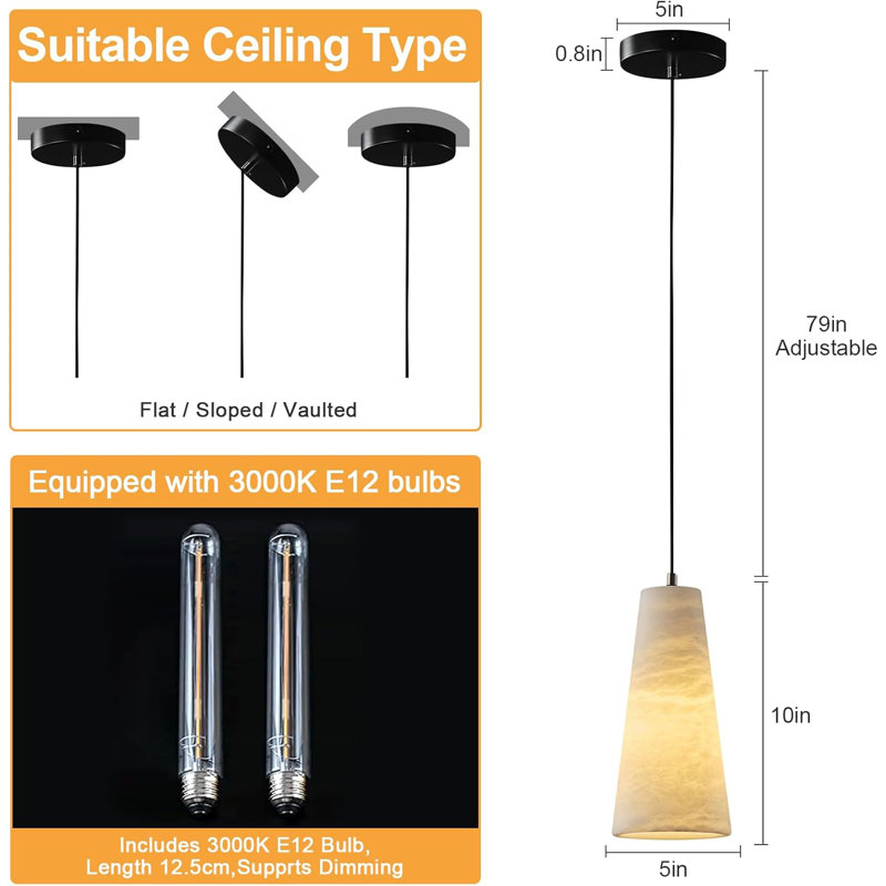Alabaster Pendant Lights H-10in (bulbs Incl) (set Of 2), Matte Black